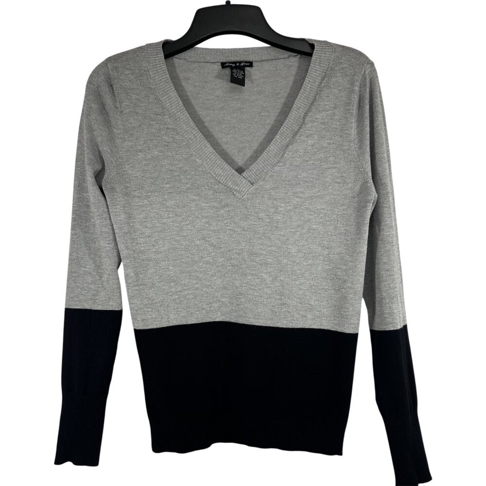 Audrey & Grace Womens Gray & Black Colorblock V-Neck Sweater Size Large Waist Sl